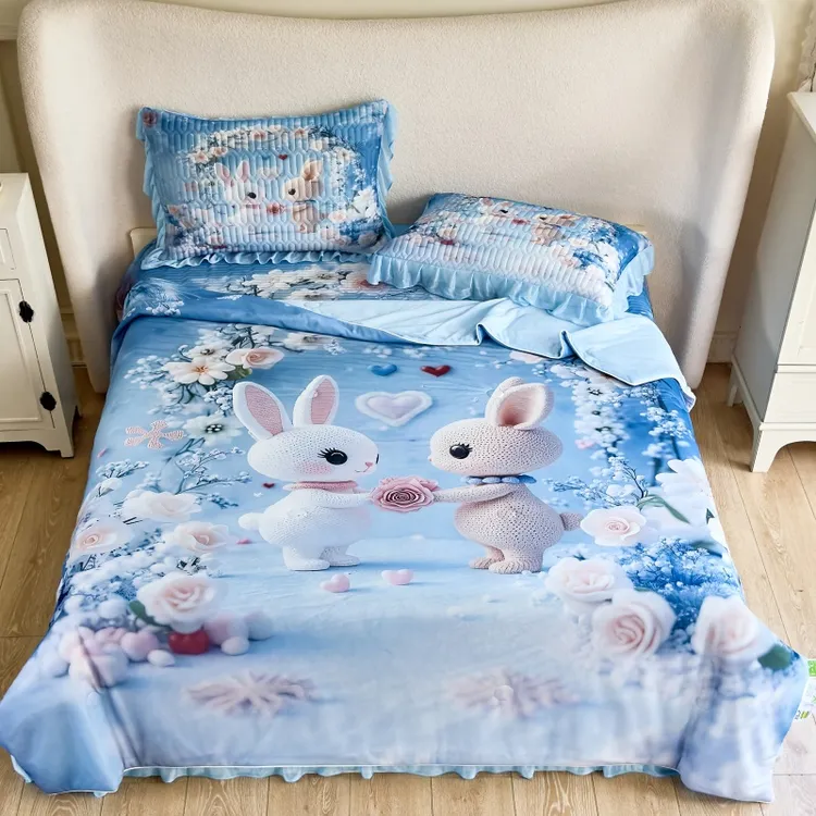 5D凉感丝床盖夏被四件套公主风床盖款软凉席四件套空调被夏凉被