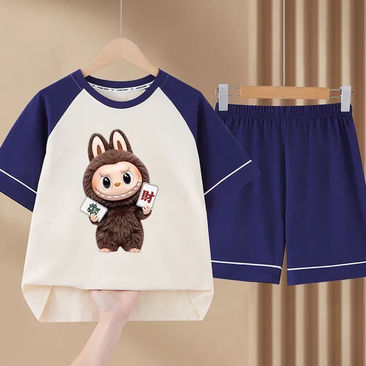 超火拉布布labubu儿童男童新款睡衣夏季短袖纯棉套装中大童家居服