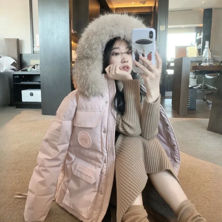 羽绒服工装派克服2025年新款爆款白鸭绒冬季女大毛领加厚保暖外套