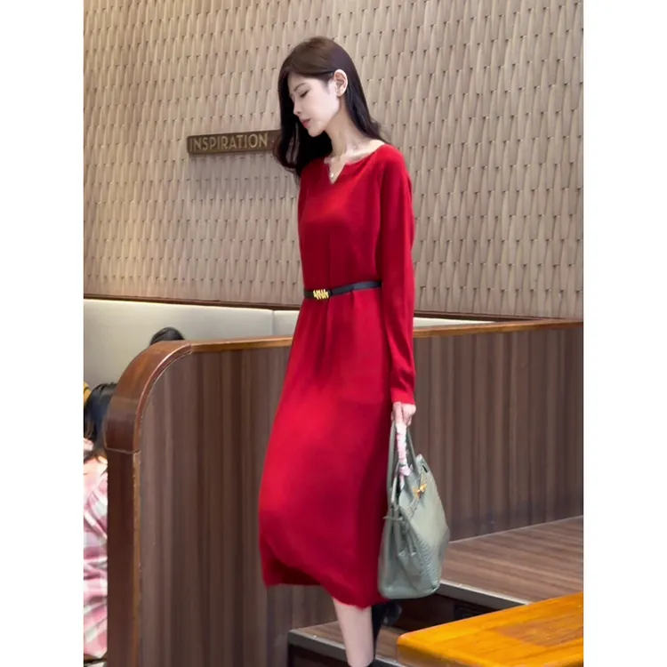 6007#轻奢高级感精致毛衣裙子名媛风秋冬新款气质针织长袖连衣裙