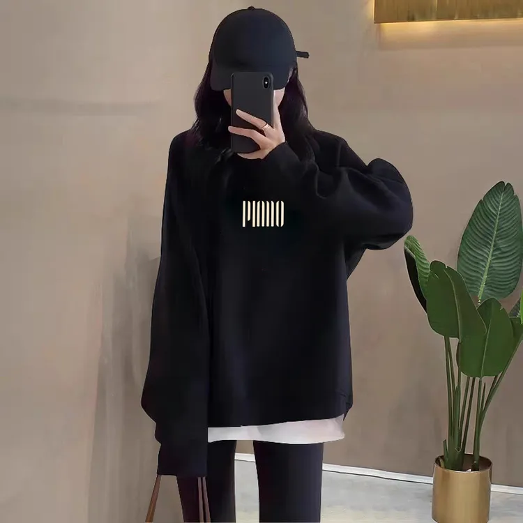 假两件圆领卫衣女2025秋冬新款宽松中长款遮屁股加绒加厚拼接上衣