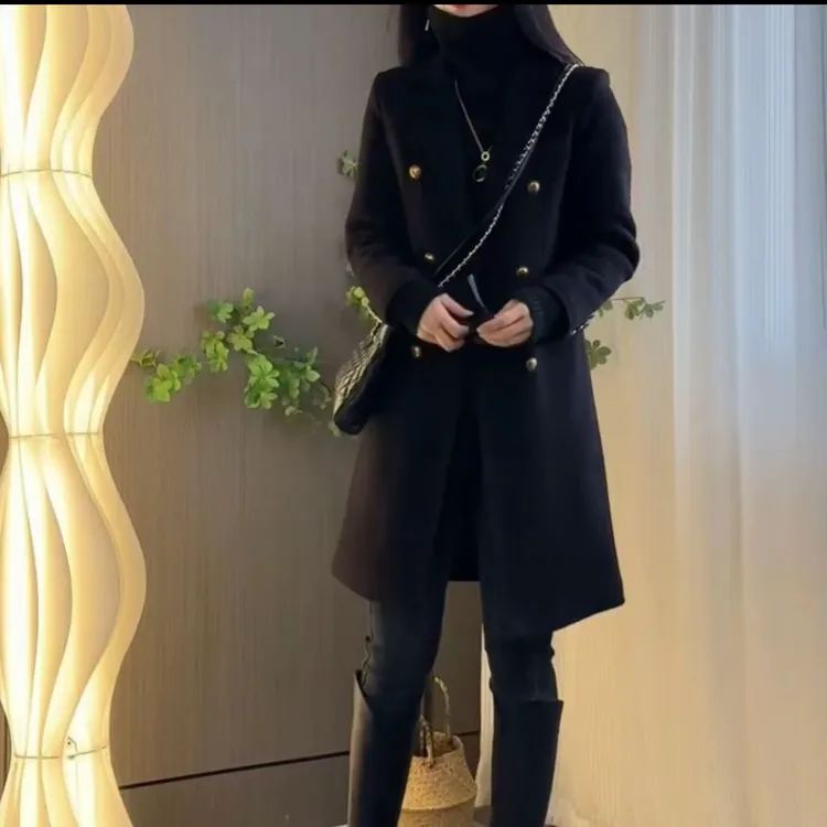 秋冬新款女士气质显瘦翻中长款外套女装
