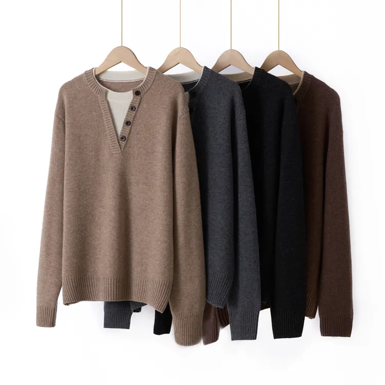 纯羊毛女V领假两件设计宽松休闲减龄针织羊毛衫