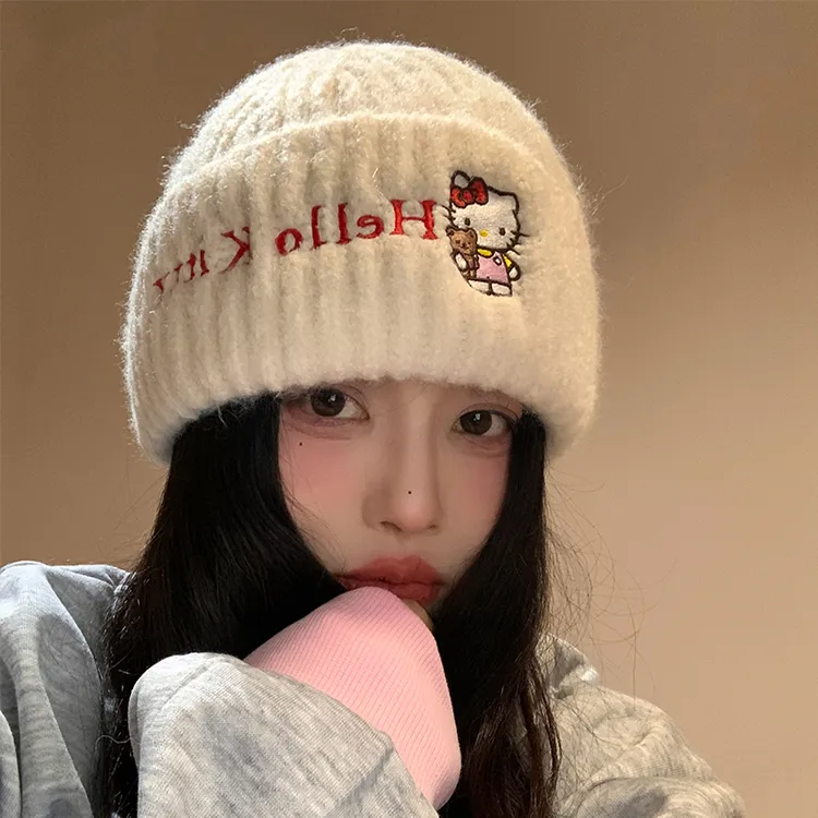 HelloKitty粉色针织帽子女秋冬季可爱卡通毛线帽加厚保暖护耳冷帽