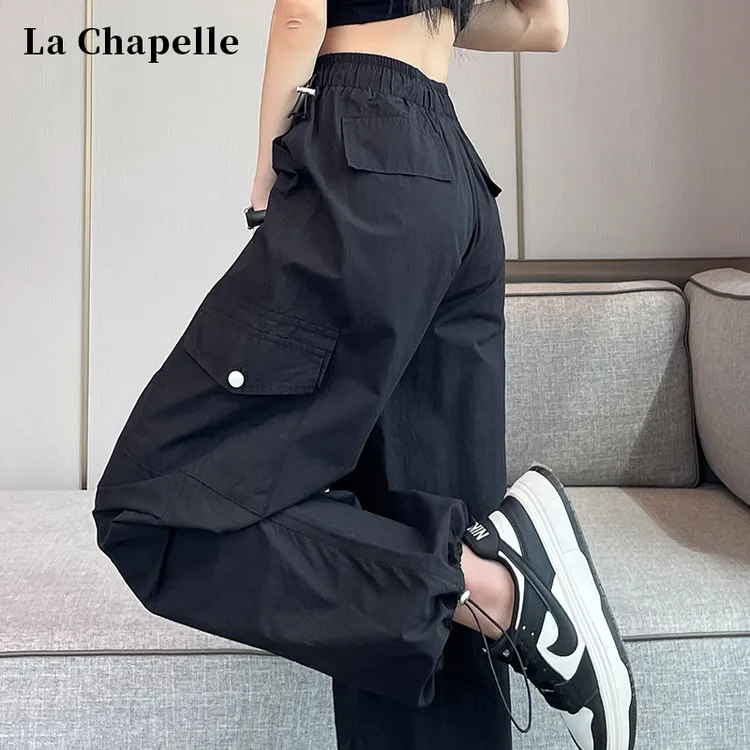 拉夏贝尔黑色美式工装裤女春季2025新款小个子高腰束脚阔腿运动裤