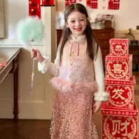 栀了成长记童装女童甜美马甲套装2025冬季裙子新中式夹棉无袖上衣