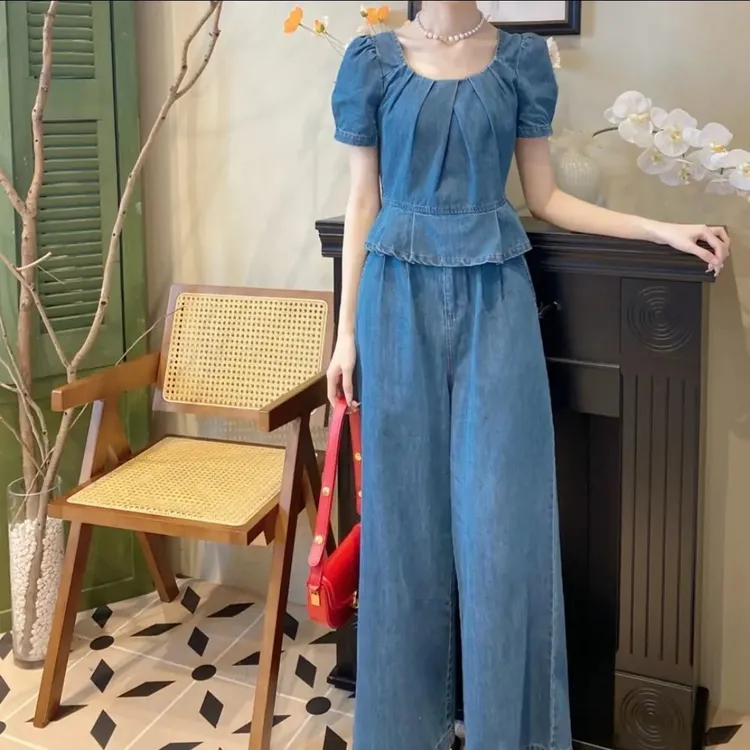 法式牛仔小个子辣妹小衫高腰直筒裤套装减龄时尚两件套牛仔套装