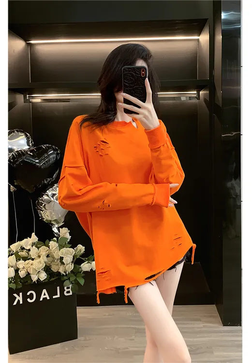 小众炸街高级感女装破洞设计圆领卫衣2025秋季新款宽松中长款上衣