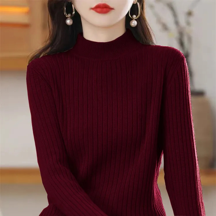 螺纹纯色洋气厚款针织衫女秋冬新款长袖时尚百搭毛衣半高领打底衫