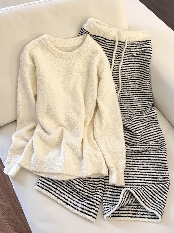 【DMXJ大梦想家】半边绒针织睡衣女秋冬季款洋气休闲宽松家居服套装