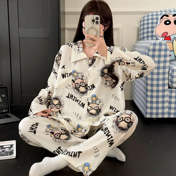 网红高级感睡衣女2025春秋季新款卡通娃娃领长袖开衫家居服套装