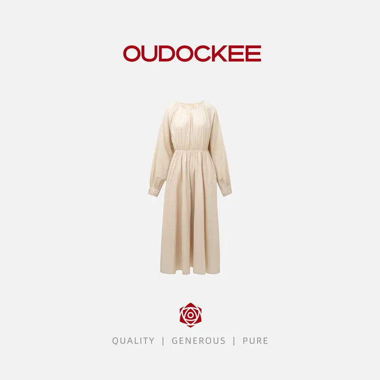 OUDOCKEE 鸥纪儿【晚秋】复古收腰褶皱设计长款连衣裙 LACK635T
