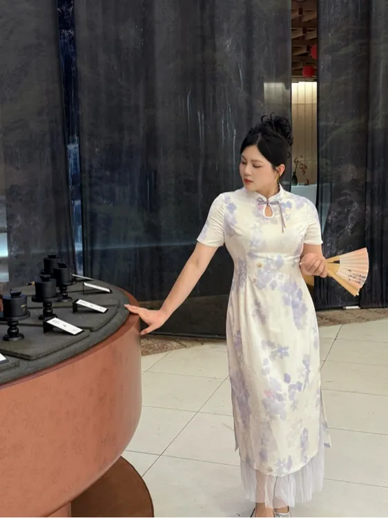 哒头.Studio【紫风铃短袖版】微胖mm大码气质改良假两件旗袍连衣裙