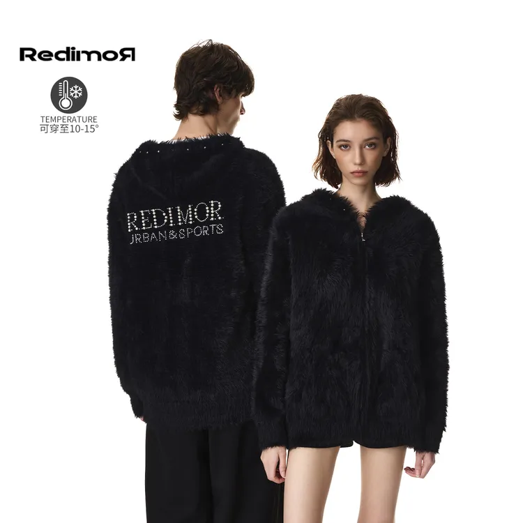 REDIMOR时尚休闲情侣款冬季宽松拉链貂毛长毛钉珠毛衣254RZ1389