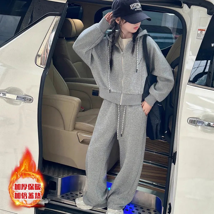 女童加绒套装2025新款洋气女大童秋冬连帽开衫卫衣卫裤运动两件套