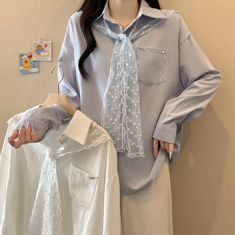大码女装2025春季新款蕾丝披肩衬衫胖MM显瘦时尚设计感长袖上衣潮