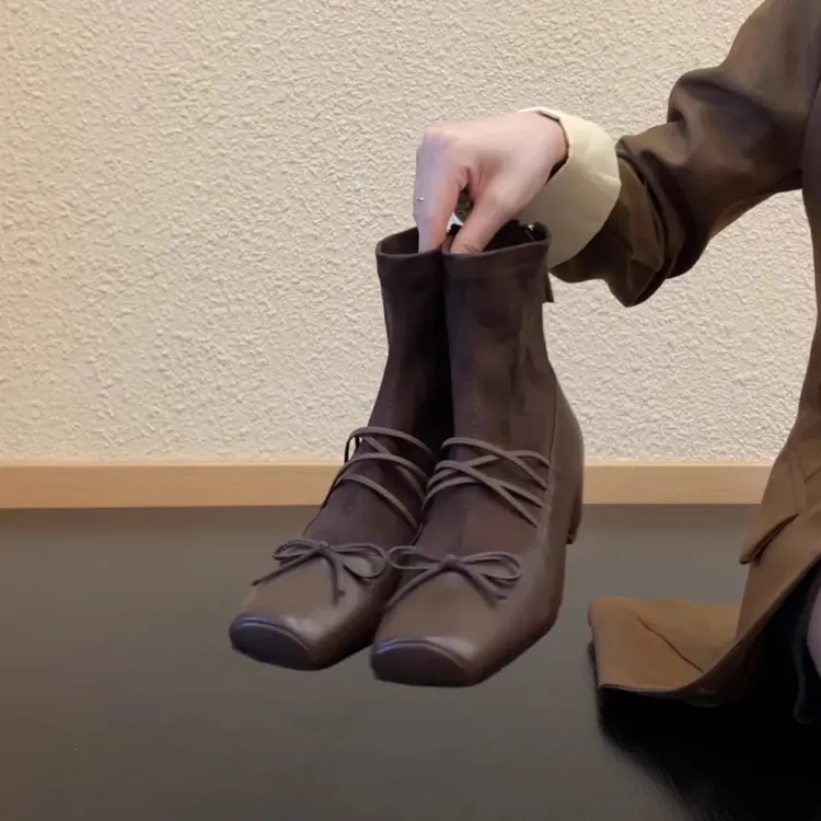 5cm复古百搭气质时尚蝴蝶结中筒靴方头