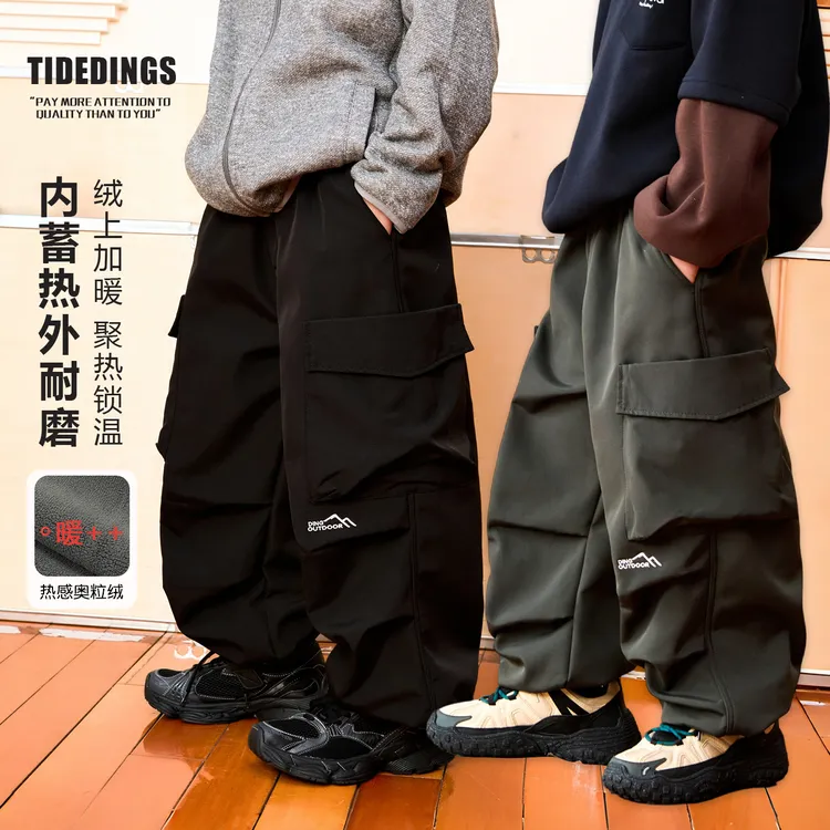 【现】童装2025冬季男童户外加绒工装裤中大童保暖束脚裤25437
