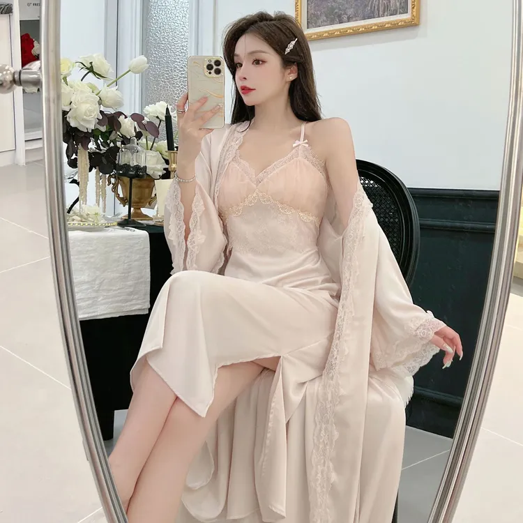 长裙女夏季长款睡裙纯欲风性感V领纯色吊带裙气质蕾丝轻奢薄款