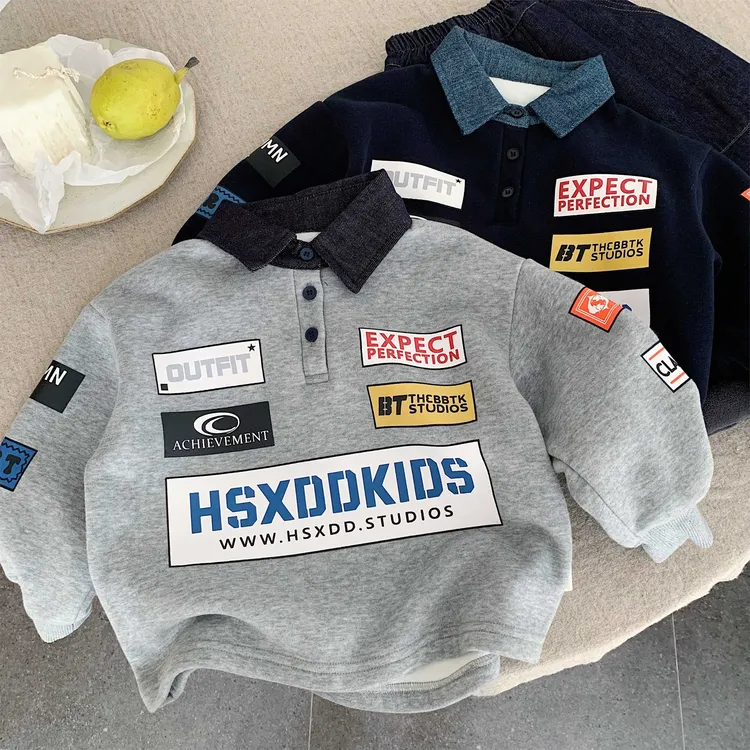 儿童装套男机车风秋冬新款宝宝字母POLO衫潮洋气小童套头衫女加绒