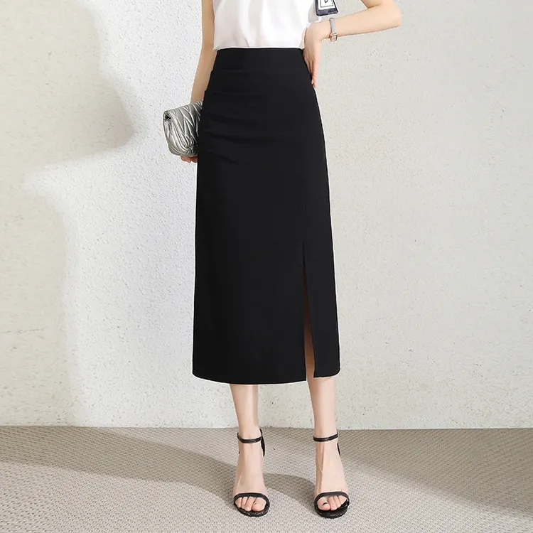 黑色开叉直筒裙女夏季2025新款高腰包臀半身裙中长款显瘦一步裙子