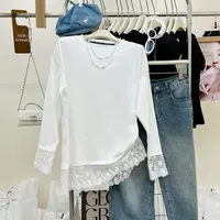 高级感白色蕾丝长袖t恤女秋季胖mm显瘦洋气中长款遮屁股上衣