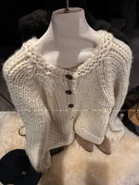 【古古】棒针全手工韩系净版米色秋冬百搭高级羊毛毛衣外套 G25818