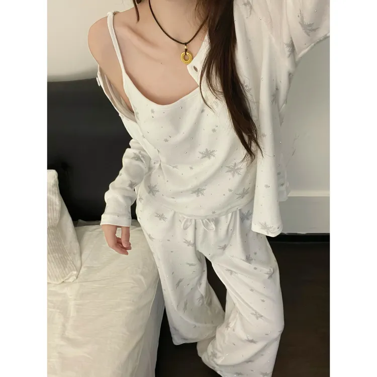 【DMXJ大梦想家】韩系高级纯欲慵懒感吊带睡衣女春秋新款居家三件套