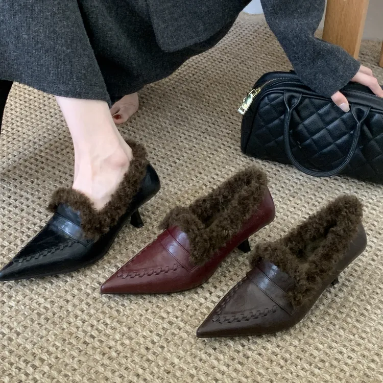 2025秋冬兔毛高跟鞋秋季韩系加绒毛毛保暖女尖头浅口中跟百搭单鞋