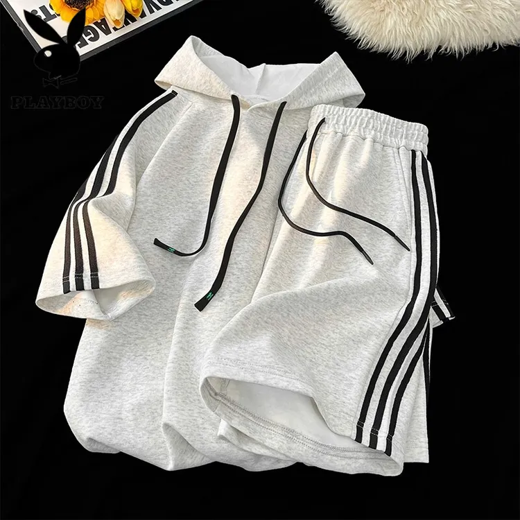花花公子休闲运动套装男夏季连帽短袖t恤短裤潮牌宽松薄款两件套