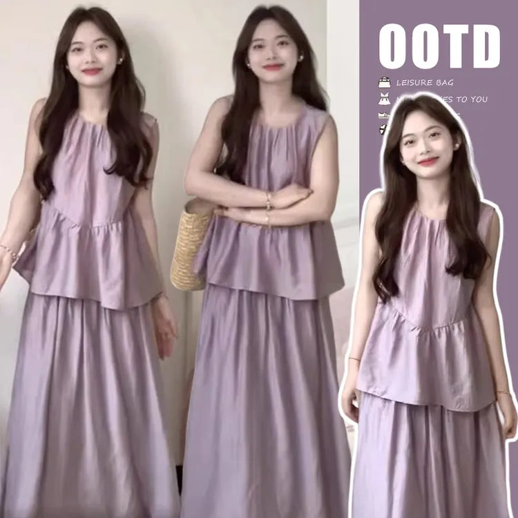 孕妇夏季韩系无袖简约休闲上衣温柔风高端气质半身裙套装时尚大码