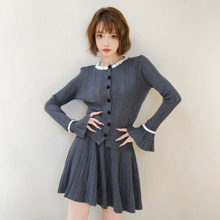 MIUCO法式针织开衫套装女喇叭袖上衣甜美短裙漂亮韩系两件套