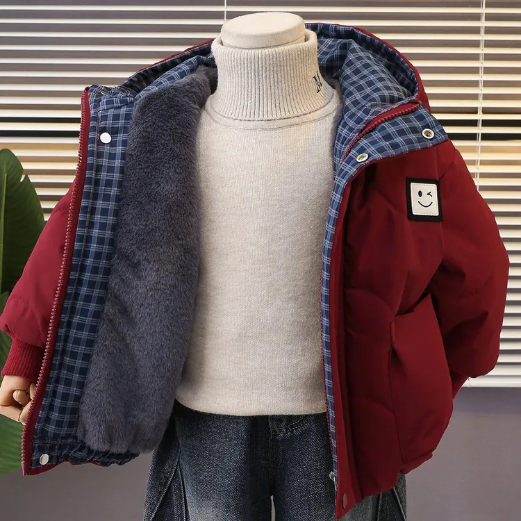 男童兔毛绒棉服外套冬季2025新款红色加厚儿童棉衣宝宝冬装衣服