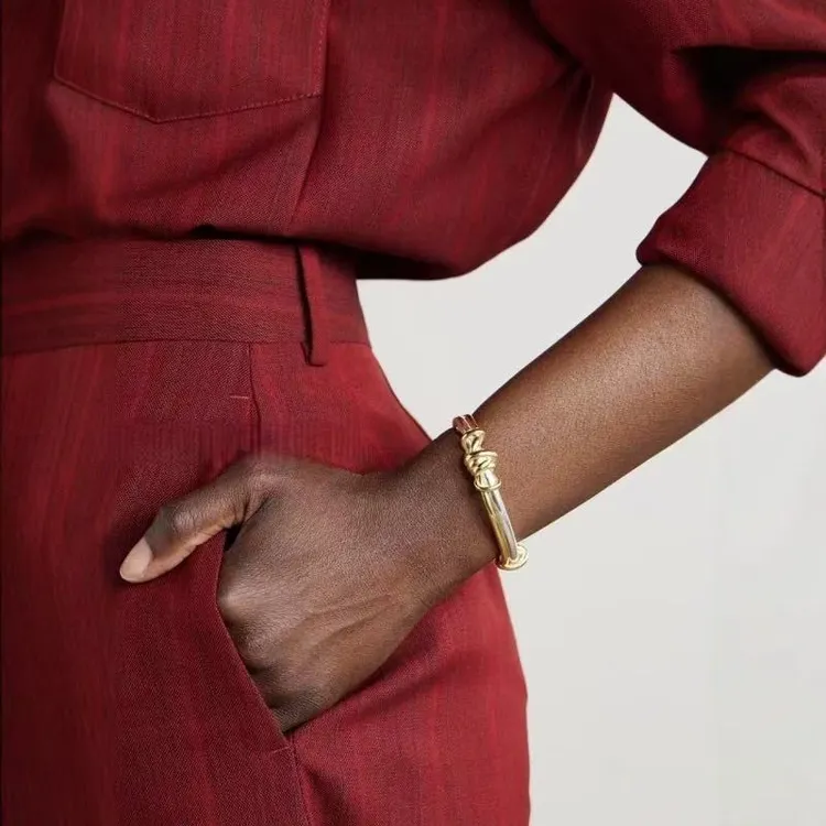 黄铜手镯 欧美个性缠绕手镯小众设计时髦极简冷淡风线条卡扣手环