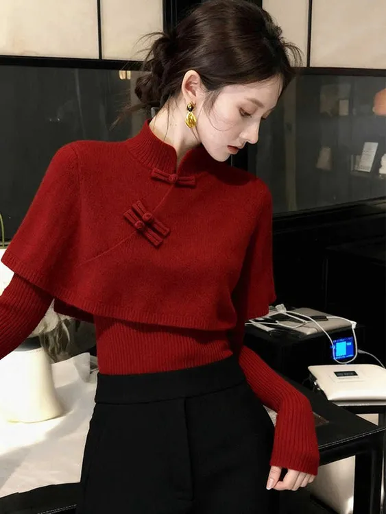 新中式红色立领斗篷盘扣毛衣女秋冬新款修身显瘦超好看单穿上衣潮