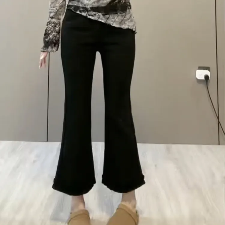高腰显瘦蕾丝花边直筒微喇女休闲裤秋季百搭