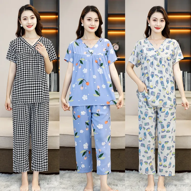 新款中老年女装夏季套装棉绸睡衣妈妈装两件套洋气印花女家居服