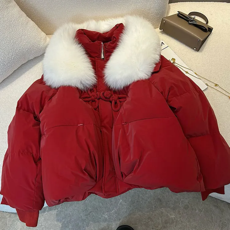 小个子短款国风盘扣棉服女冬季2025年新款红色派克服保暖外套女
