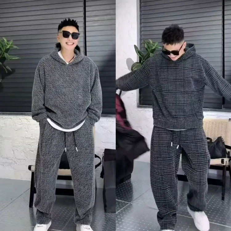 秋冬经典格纹连帽保暖休闲运动套装男士慵懒风百搭绒感情侣休闲裤