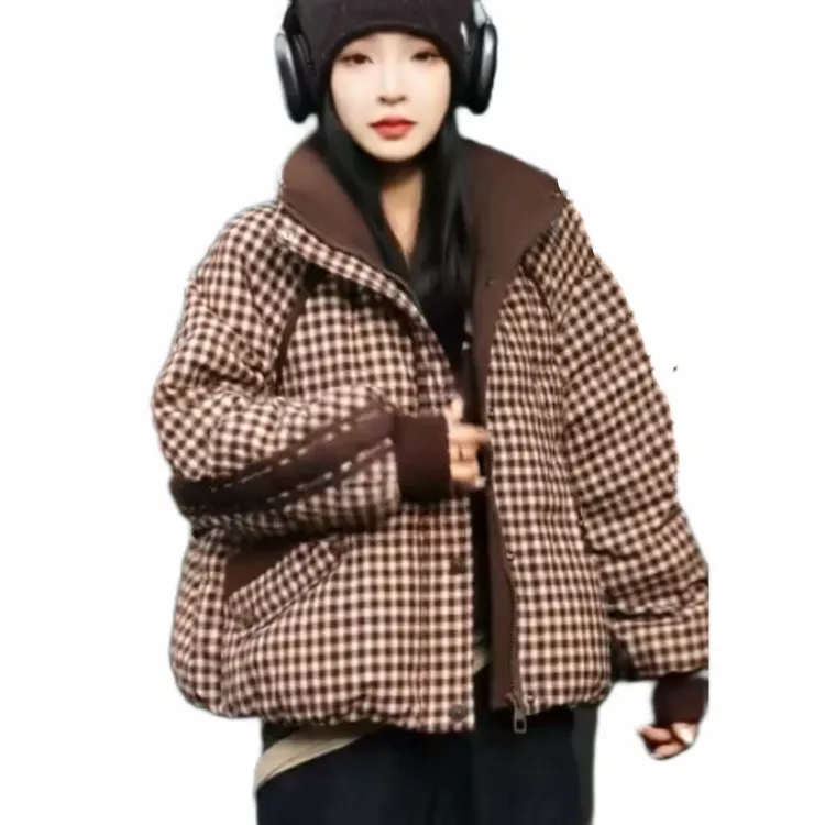 （远映）W45翻领潮流时尚宽松百搭格子羽绒服62长