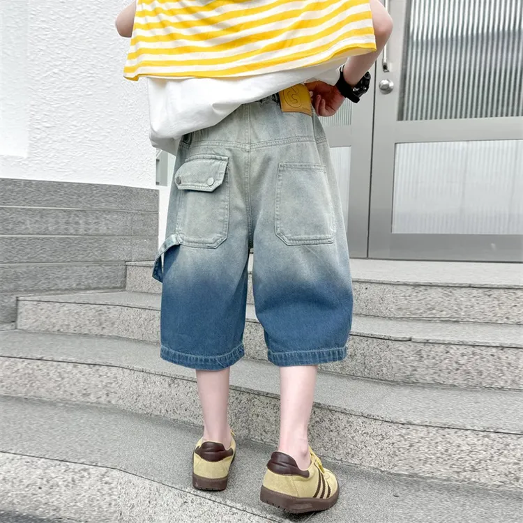 男童牛仔短裤夏季薄款中大童渐变七分裤儿童时尚洋气休闲工装中裤