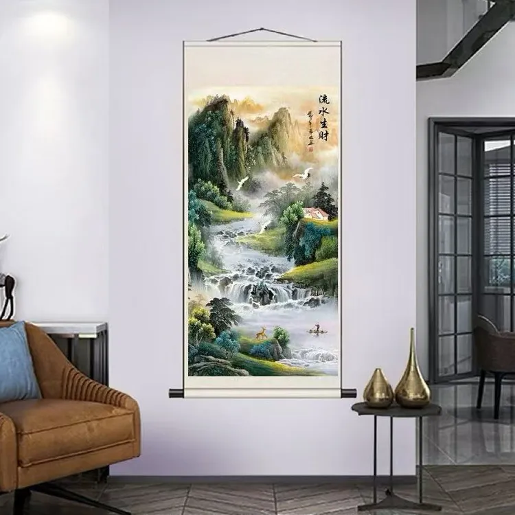 《流水生财》180*72竖幅传统山水装饰画