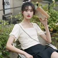 慕兔法式气质方领短袖t恤女2025夏季新款设计感小众泡泡袖短上衣