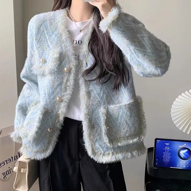 蓝色小香风外套女秋冬大码女装仿水貂绒毛衣外套宽松V领开衫上衣