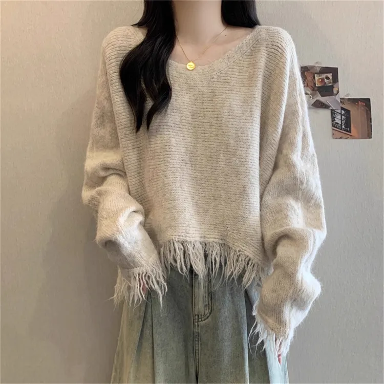 韩版慵懒风短款毛针织衫女秋季新款大码胖mm百搭时尚宽松显瘦上衣