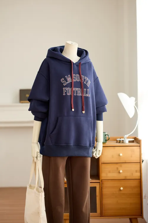 秋冬加绒加厚韩系慵懒风连帽字母印花卫衣女宽松显瘦休闲套头上衣