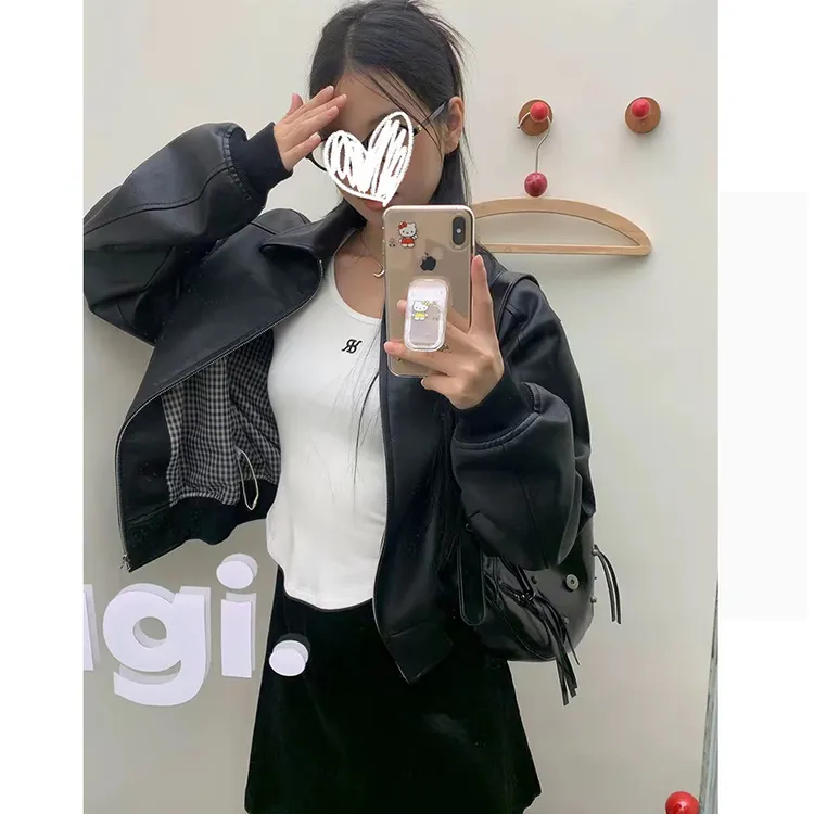 黑色皮衣外套女款2025秋季高级感街头风机车短款长袖宽松外套上衣