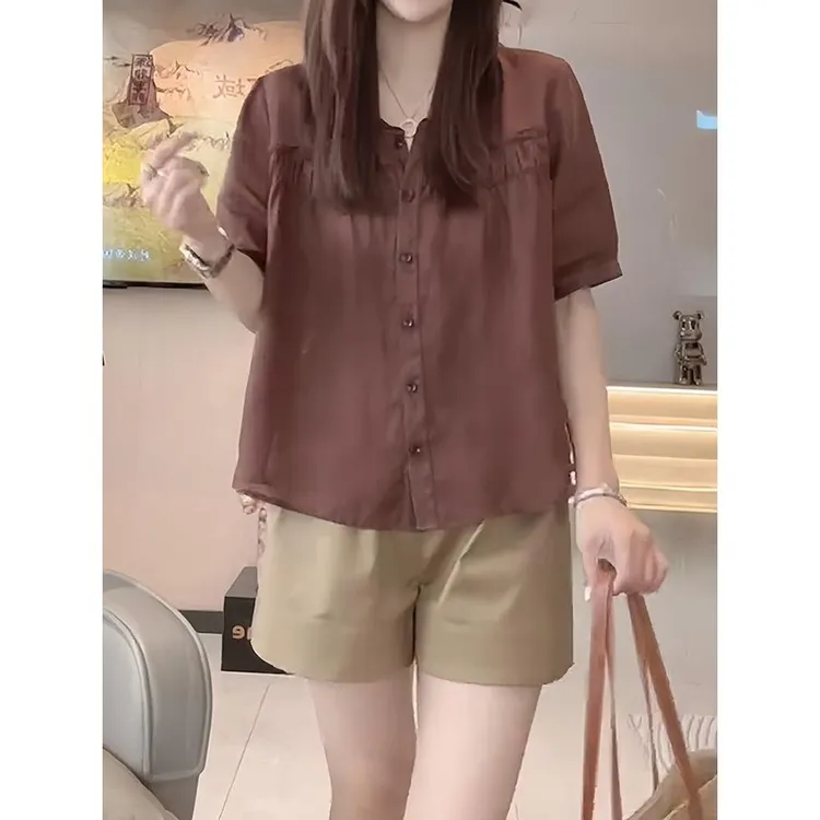 气质短袖衬衫2025新款女夏季宽松显瘦褶皱设计感衬衣薄款半袖上衣