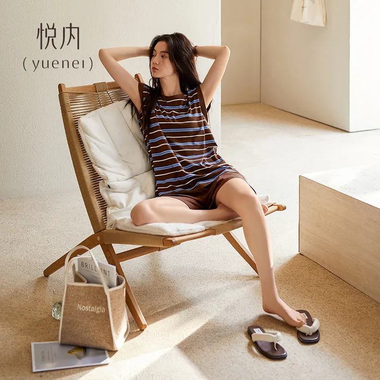 悦内带胸垫睡衣女款夏季夏天纯棉无袖背心短裤家居服休闲时尚条纹