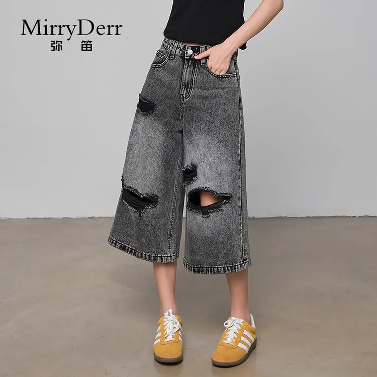 MirryDerr/弥笛时髦破洞七分牛仔裤子女2025夏季新款高腰阔腿短裤